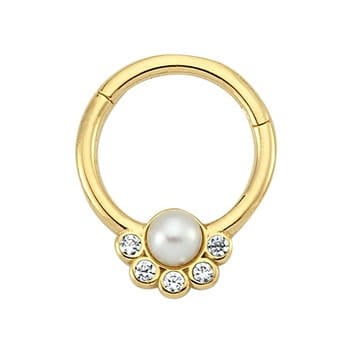Altın Halka Piercing – İnci ve Taşlı Yarım Çiçek