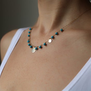 Firuze Taşlı Sallantılı Altın Kolye