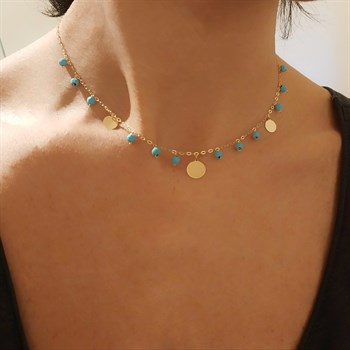 Firuze Taşlı Sallantılı Altın Kolye