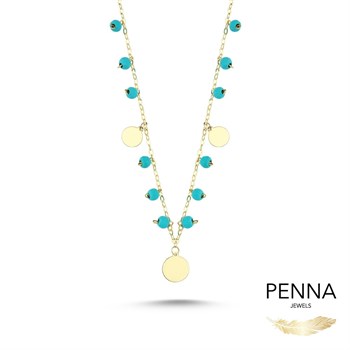 Firuze Taşlı Sallantılı Altın Kolye