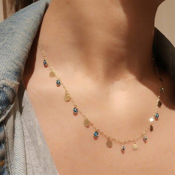 Nazar Boncuğu Evil Eye Pul Sallantılı Altın Kolye – Açık Mavi Göz
