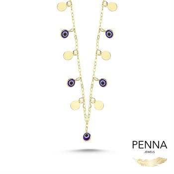 Nazar Boncuğu Pul Sallantılı Altın Kolye – Koyu Mavi Göz