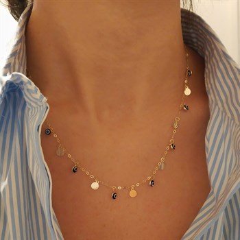 Nazar Boncuğu Pul Sallantılı Altın Kolye – Koyu Mavi Göz