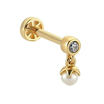 Tragus Altın Piercing – Tek Taş İnci Sallantılı
