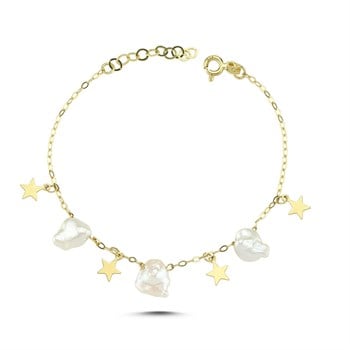 Plaka Yıldız ve İnci Sallantılı Altın Bileklik – Keshi
