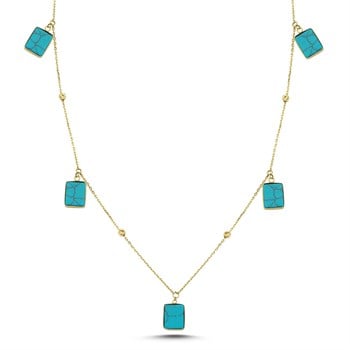 Teal Firuze Taşlı Sallantılı Altın Kolye