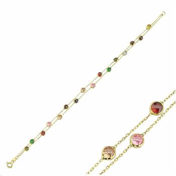 Zincir BilezikÇift Sıra Renkli Taşlı Altın Zincir Bileklik-Penna Jewels