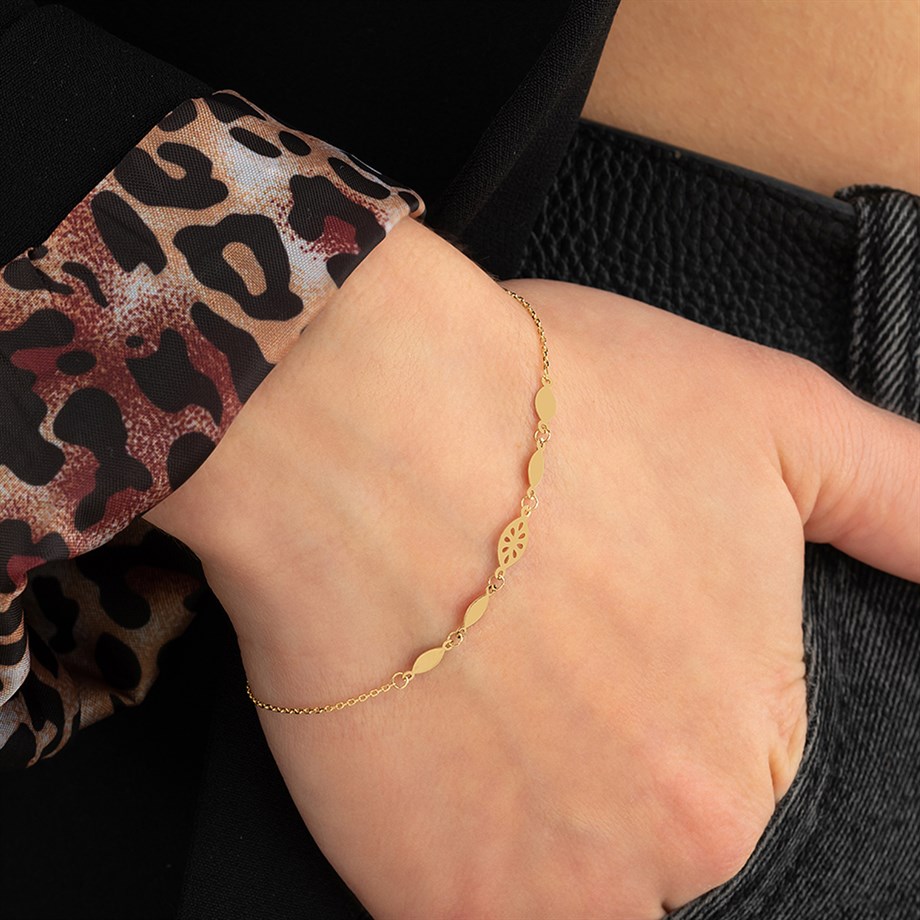 14 Ayar Altın Beşli Modern ve Sade ve Çiçekli Bileklik