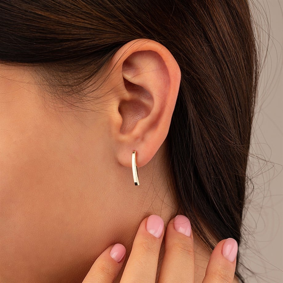 14 Ayar Altın Dikdörtgen Model Sade Şık Küpe