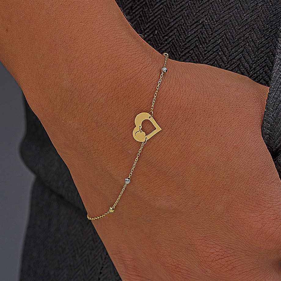 14 Ayar Altın Kalp Sallantı Detaylı Bayan Bileklik