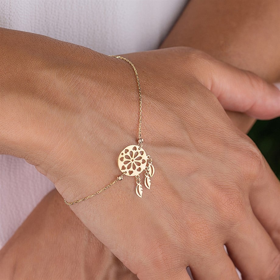 Kalp İçindeki Çiçek 14 Ayar Altın Kadın Bileklik