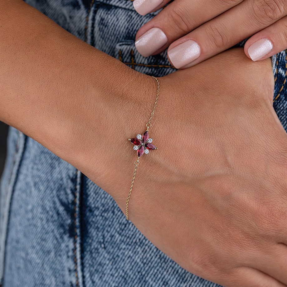 Kırmızı Markiz Taşlı 14 Ayar Altın Bileklik