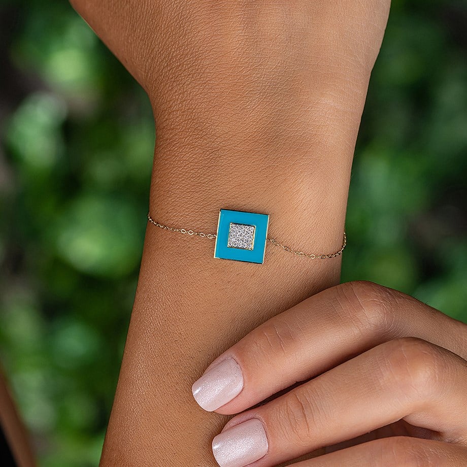 Mavi Kare Taşlı Ve Mineli 14 Ayar Altın Bileklik