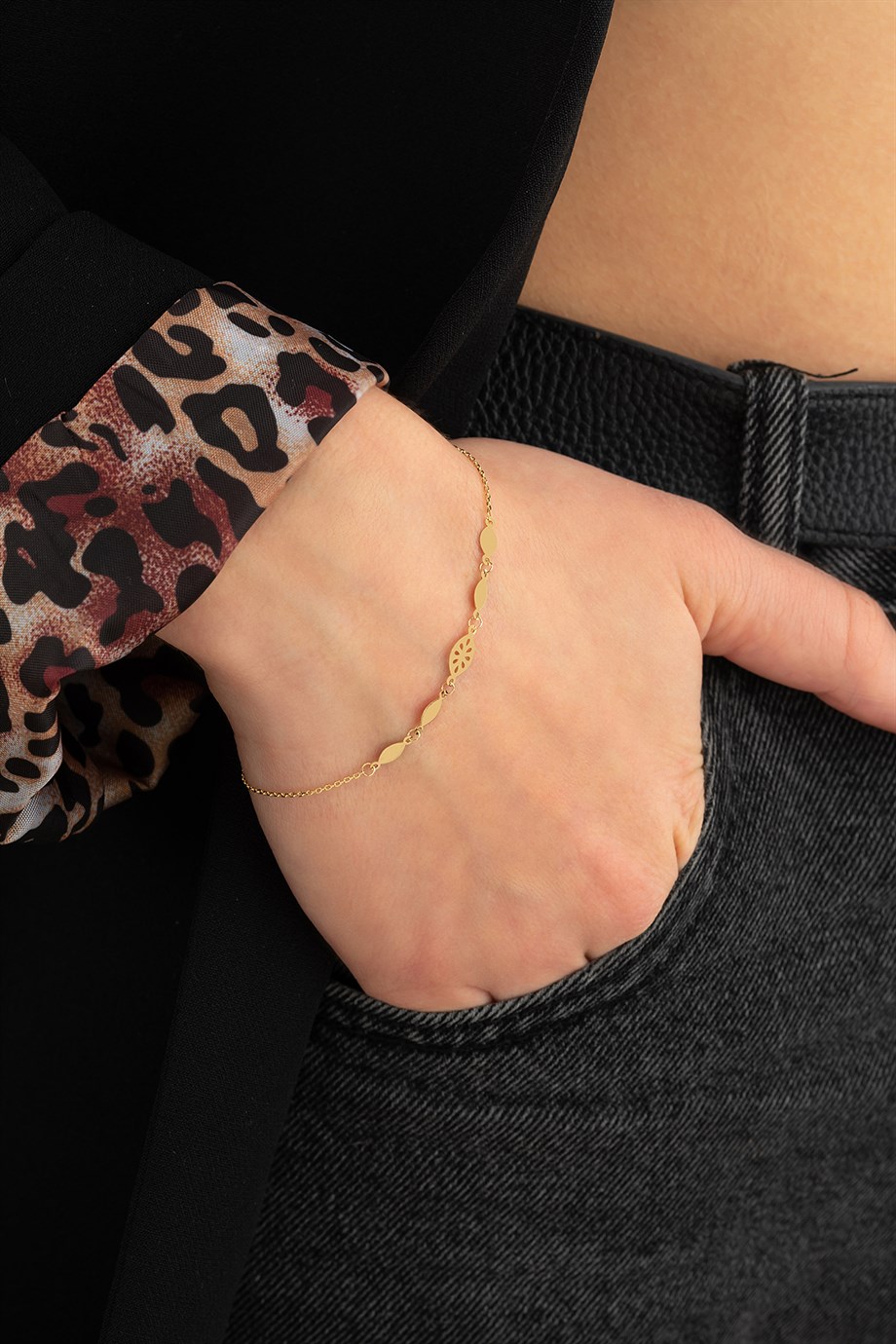 14 Ayar Altın Beşli Modern ve Sade ve Çiçekli Bileklik