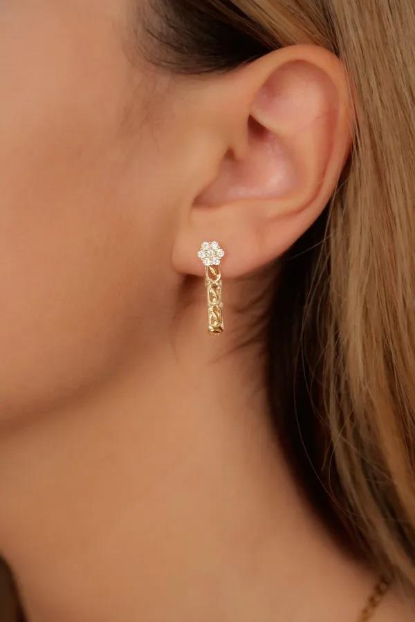 14 AYAR ALTIN Çiçek Detaylı Koza Zincirli Küpe