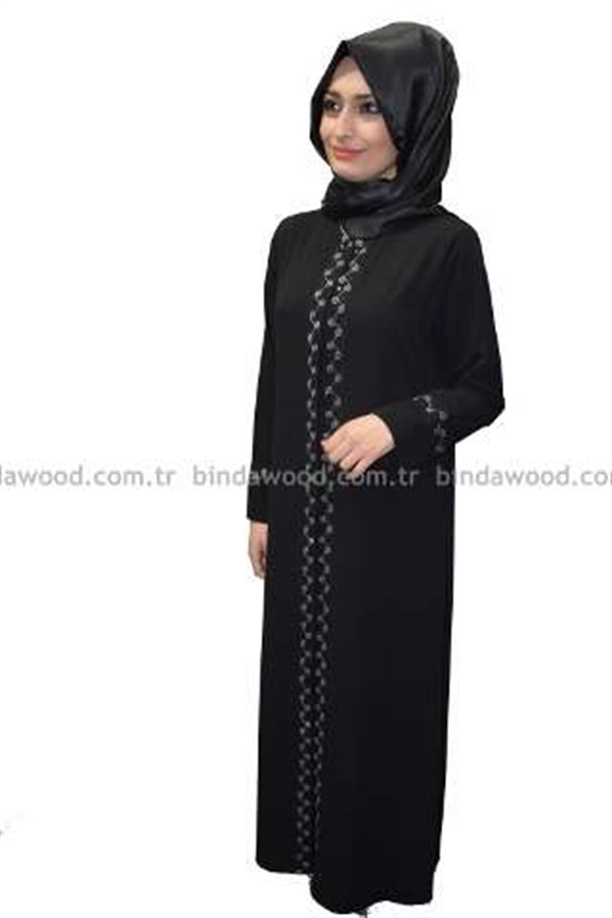 Beyaz Sim Nakışlı Düğmeli Klasik Tesettür Ferace