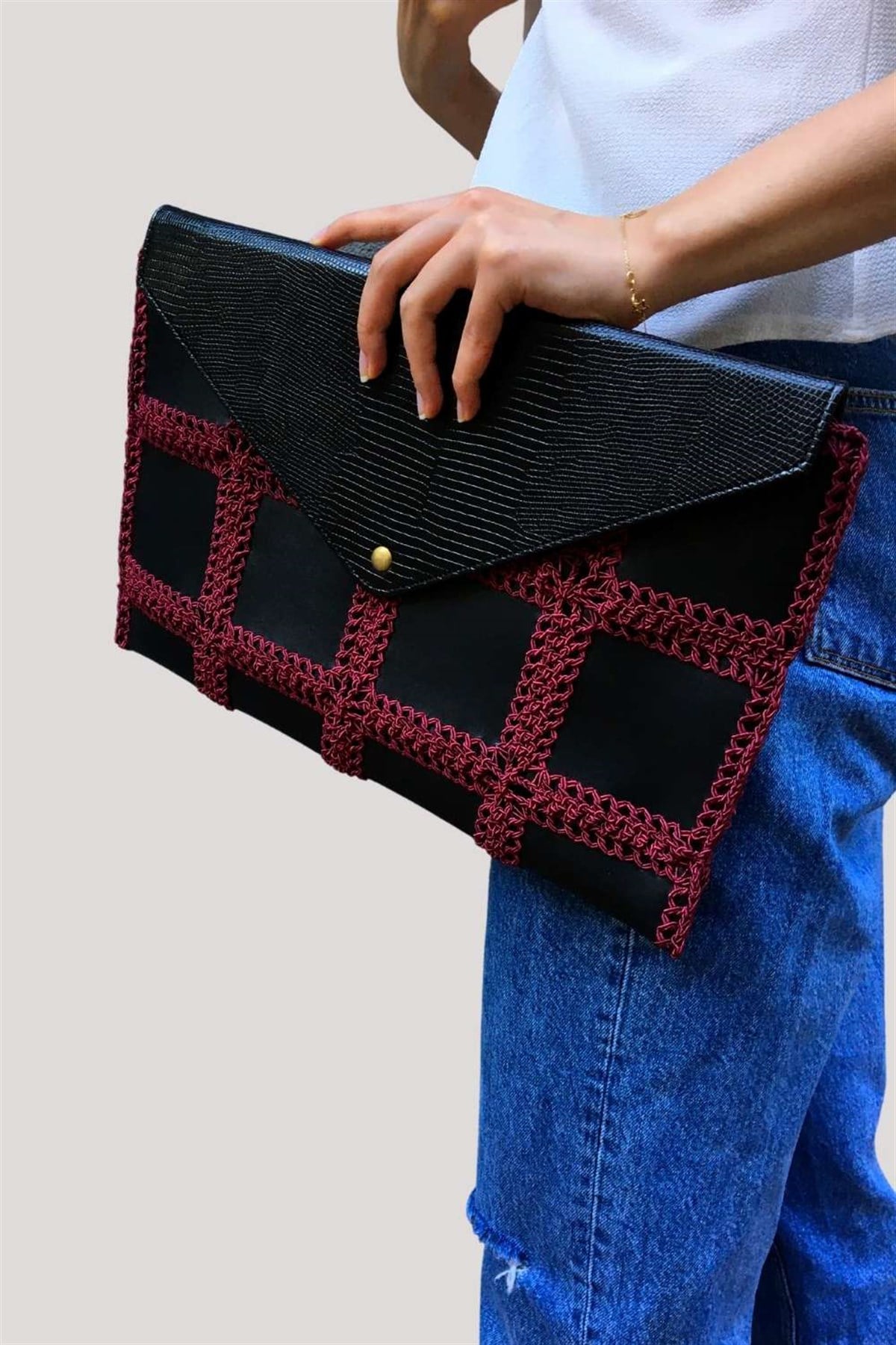 Çanta Örme Clutch Fuşya
