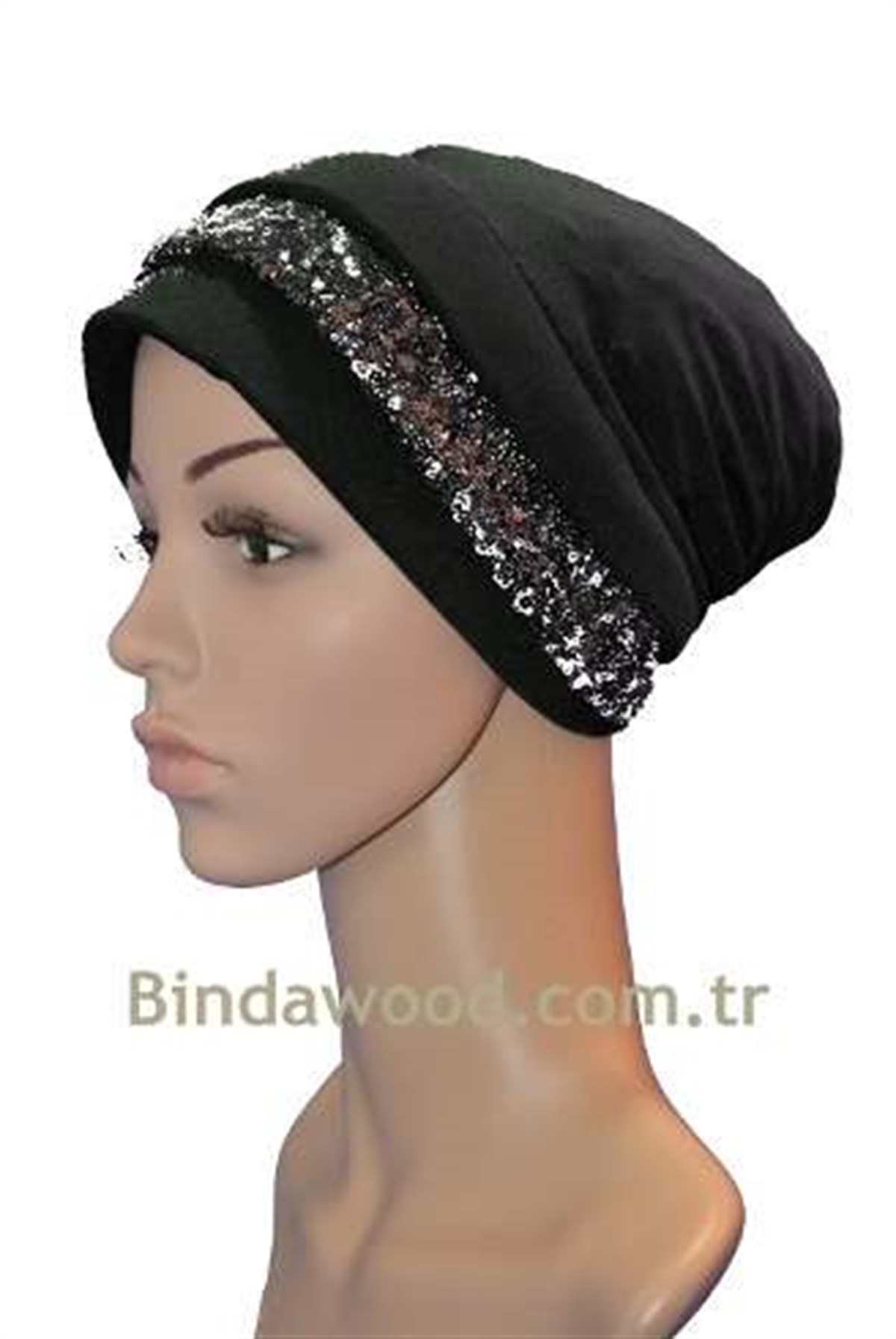 Parlak Pullu Katlı Düz Siyah Abiye Hazır Tesettür Türban