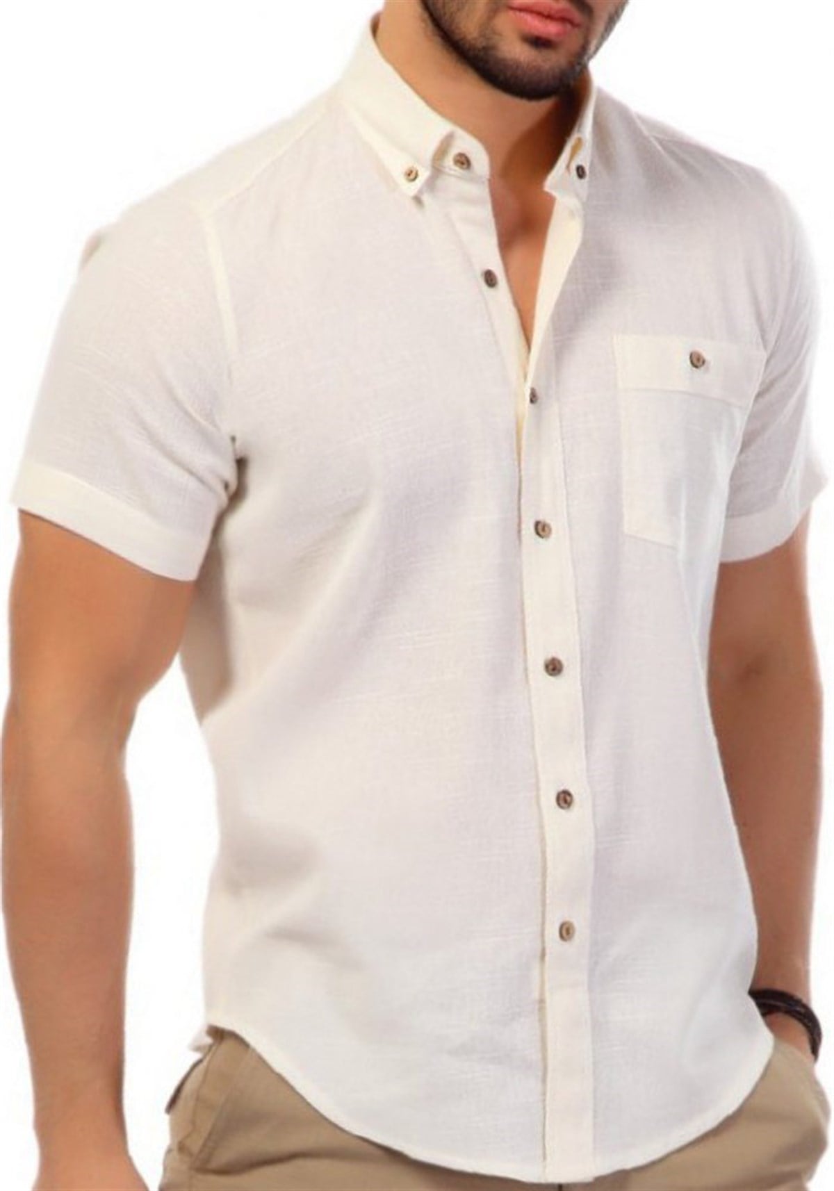 Yakalı Kısa Kol Krem Cepli Gömlek