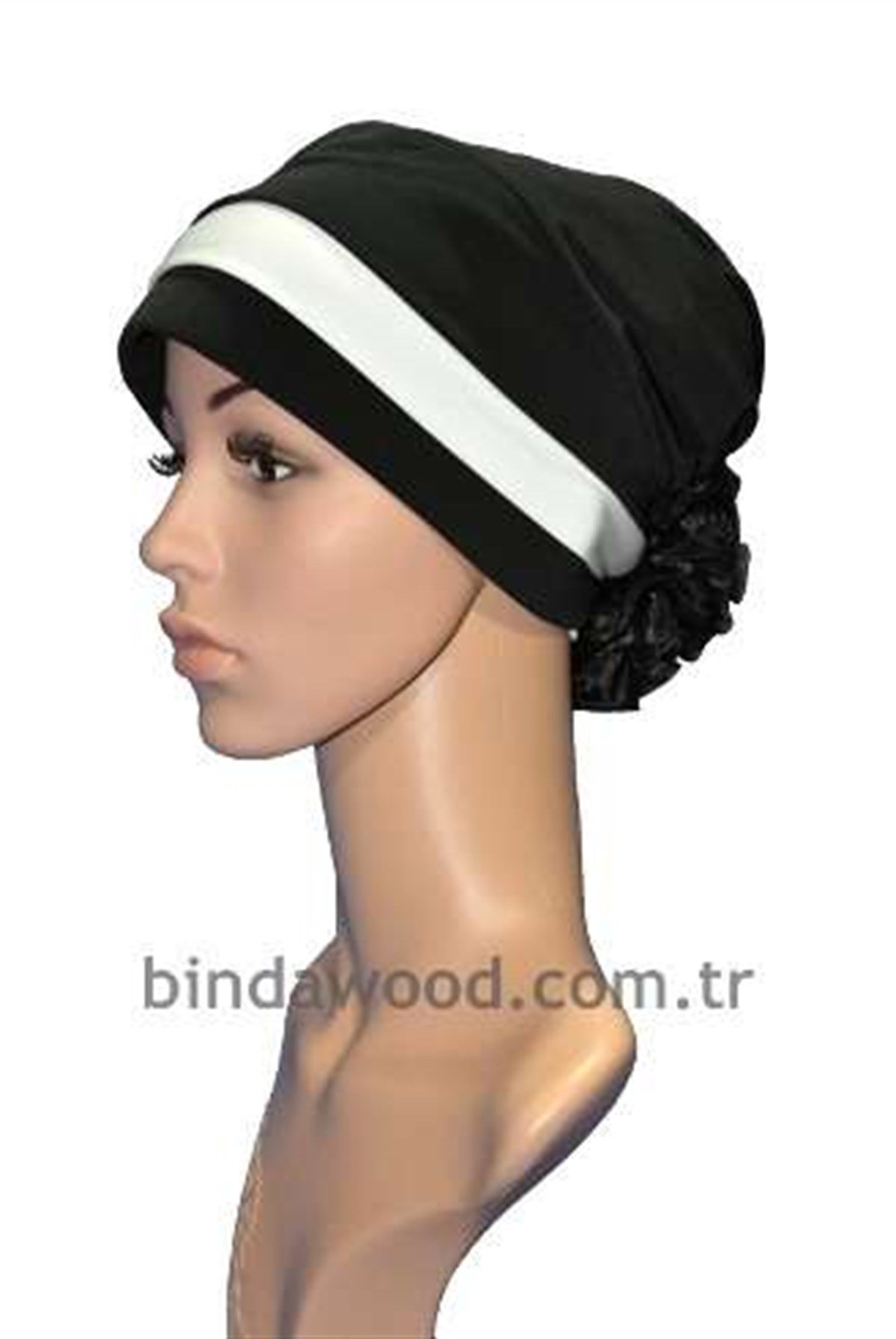Beyaz Bantlı Güllü Siyah Abiye Türban Bone