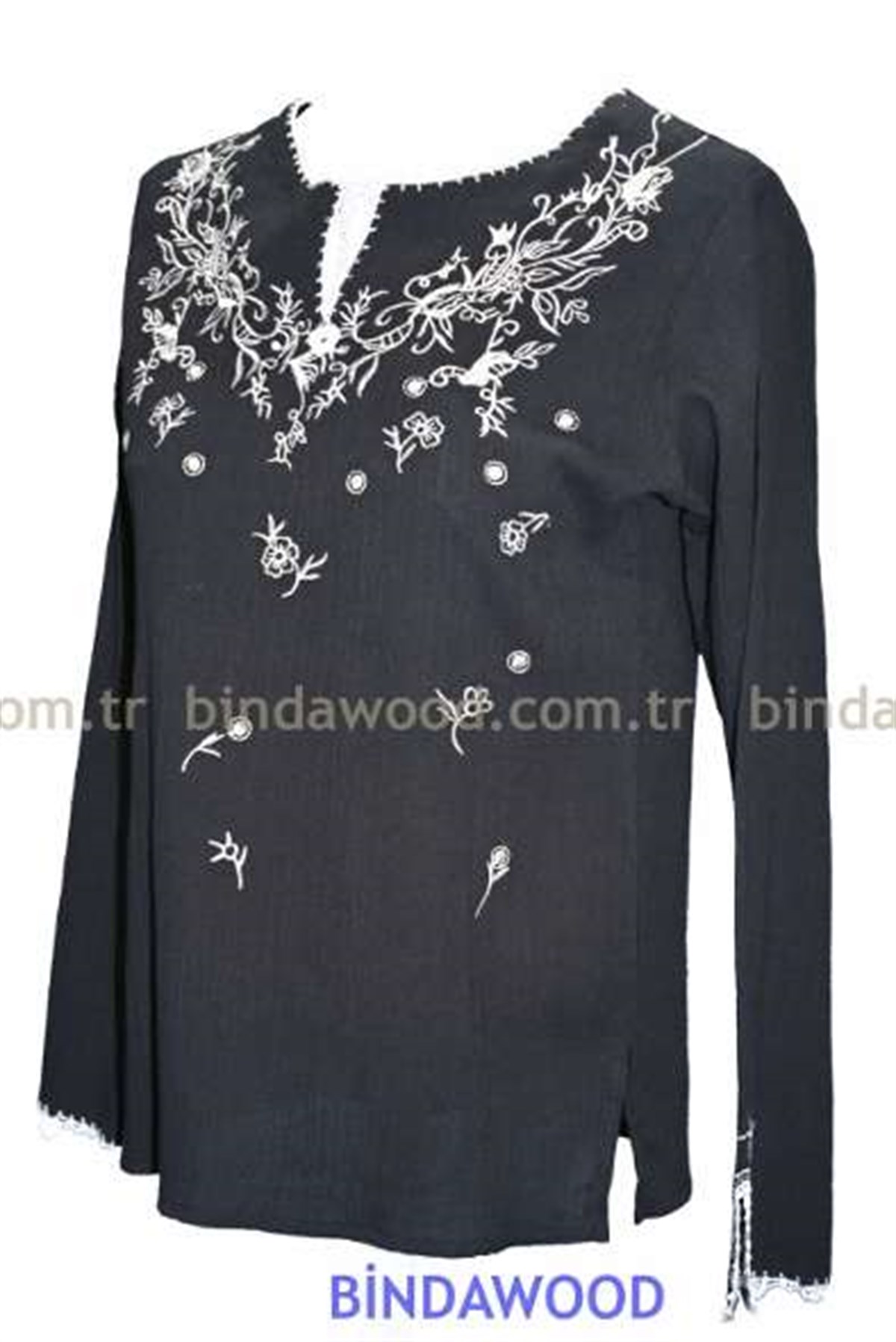 Bluz Nakışlı Pamuklu Siyah