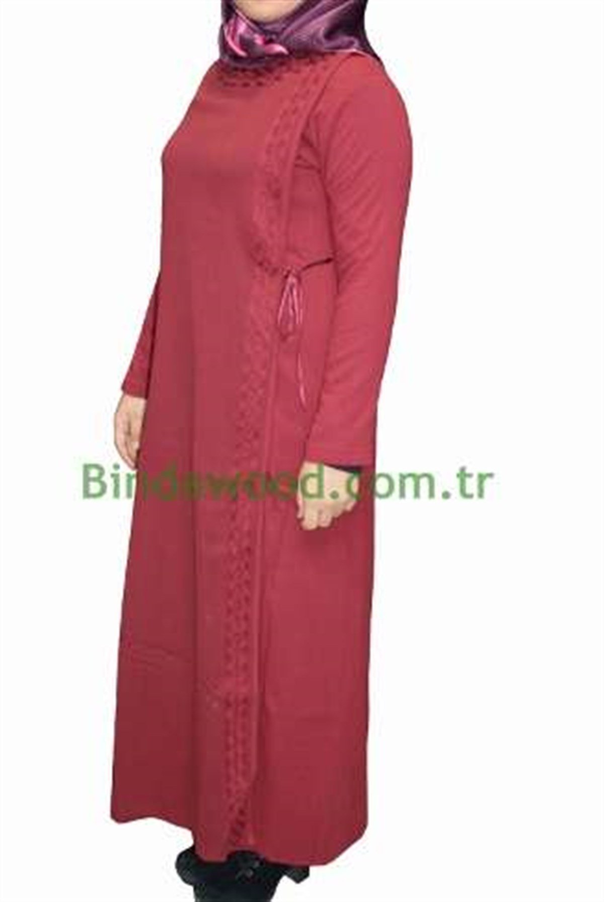 Bordo Nakışlı Pamuklu Ferace