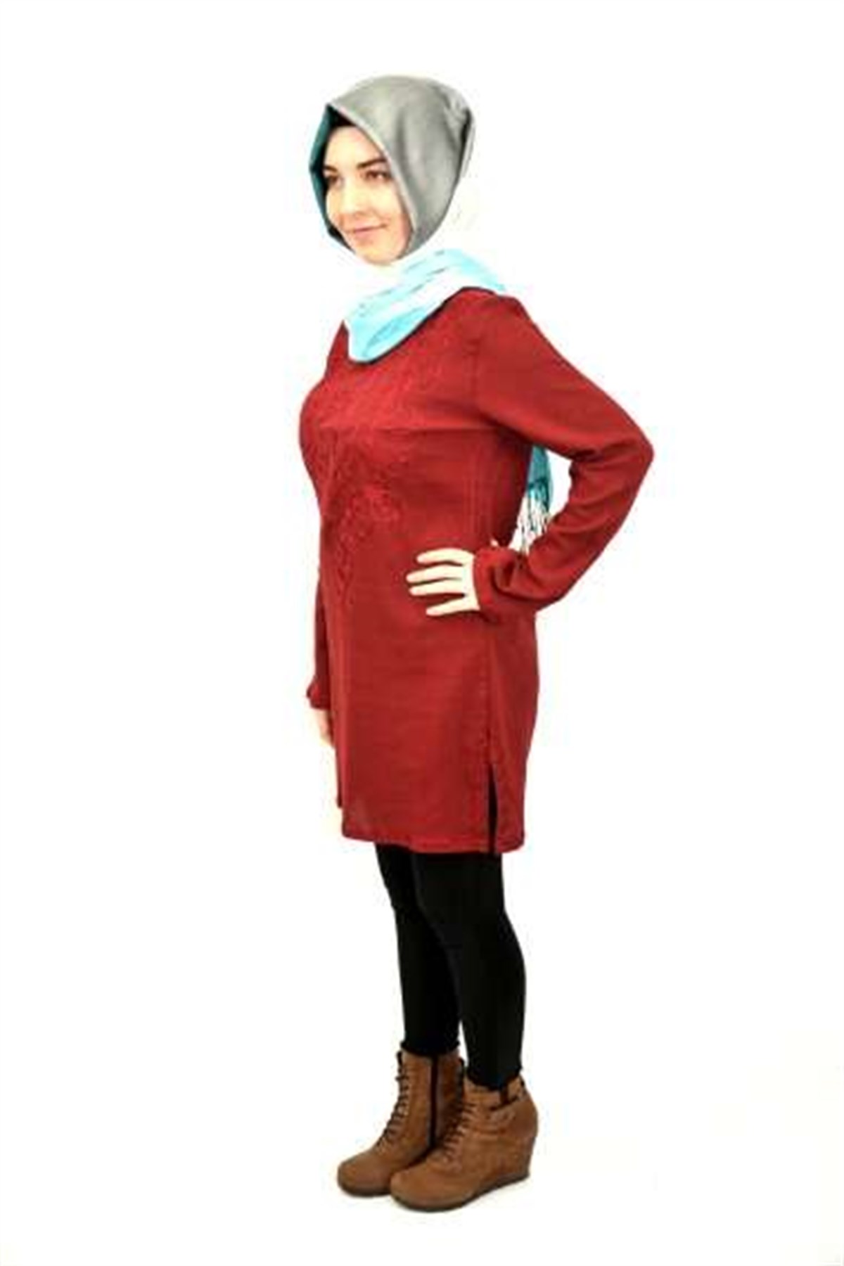 Bordo Simli Nakışlı Tunik