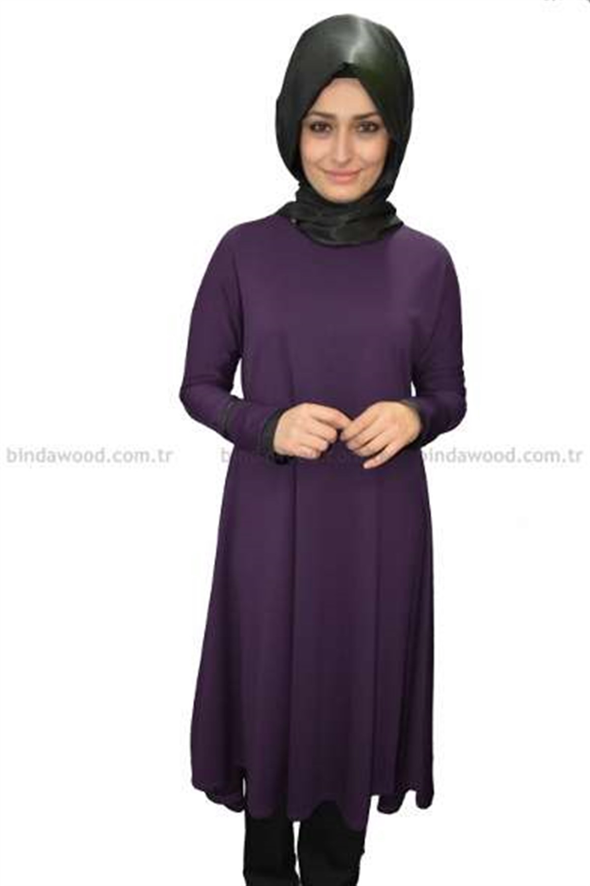 Deri Detaylı Mor Elbise