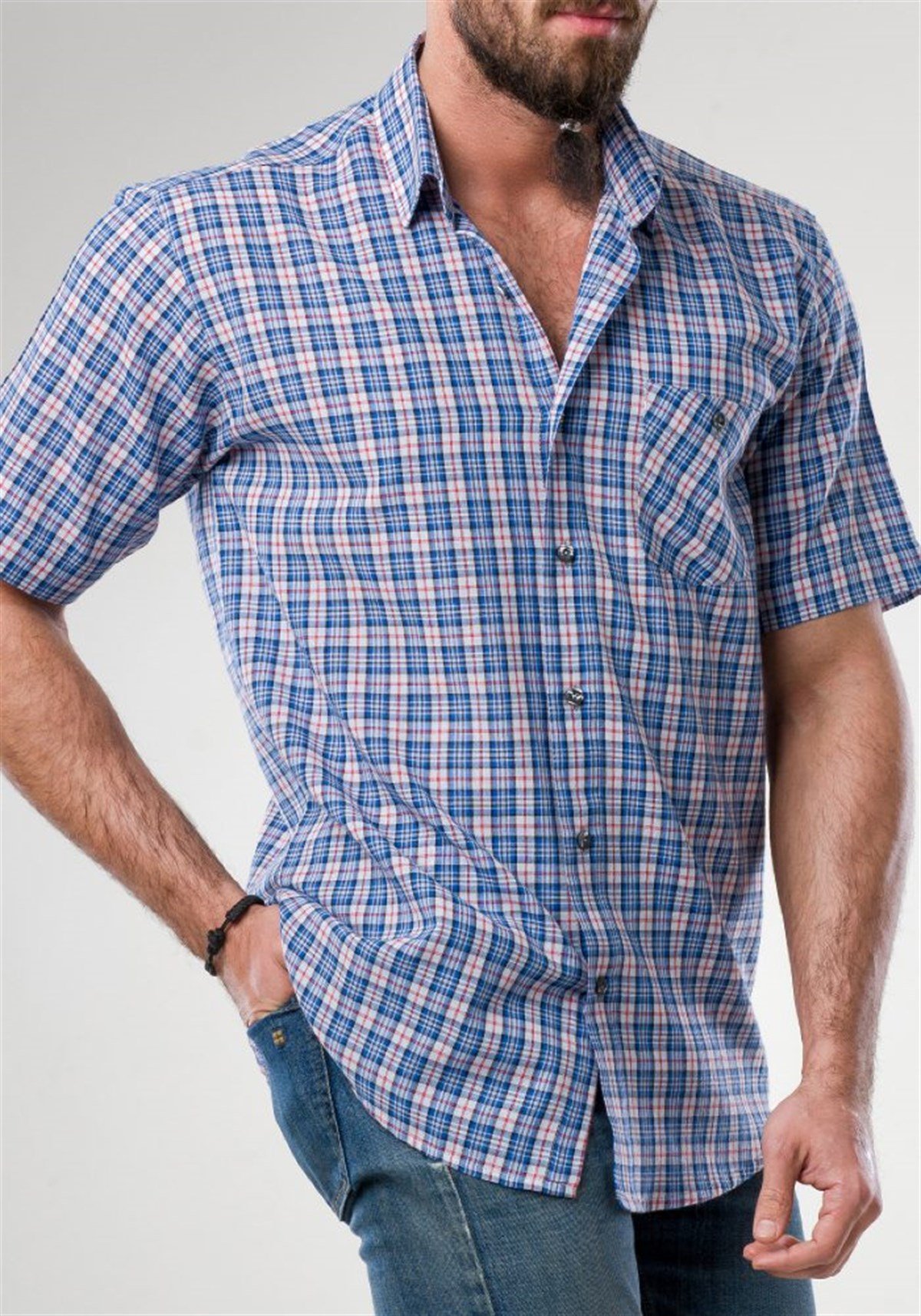 Ekose Gri Kısa Kol Gömlek