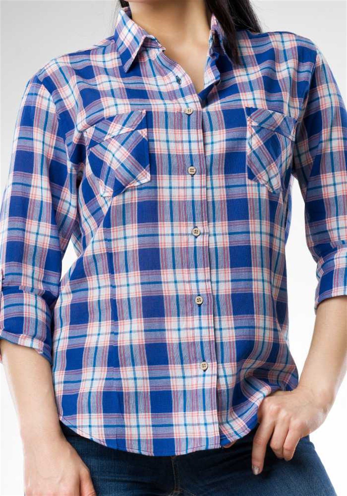 Ekose Lacivert Bayan Gömlek