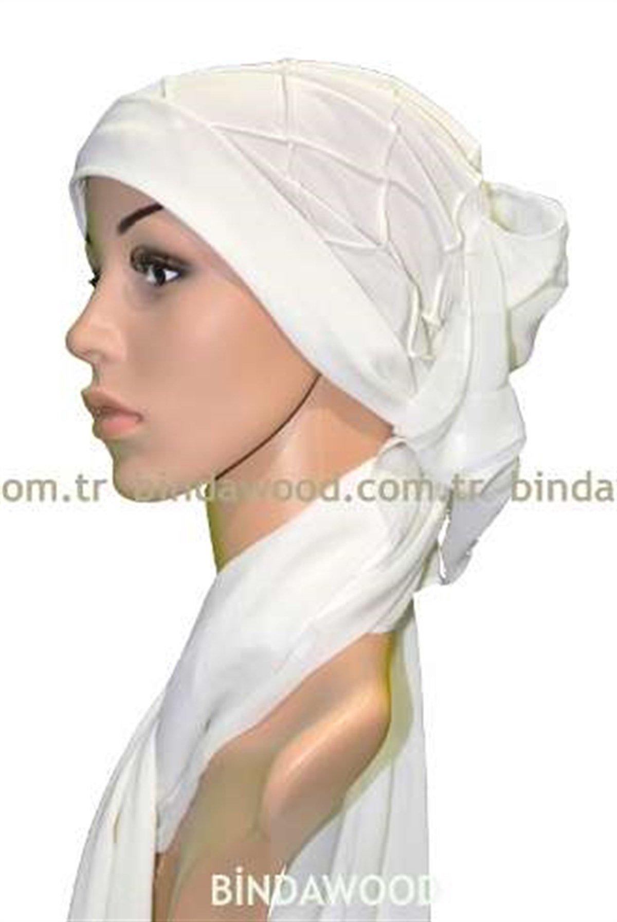 Ekru Renkli Fularlı Tüllü Tesettür Türban