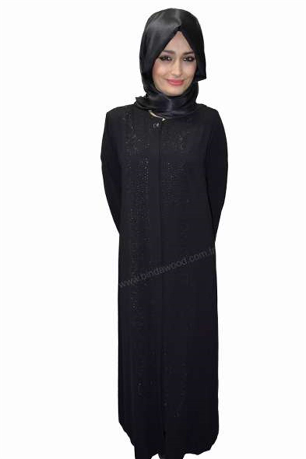 Ferace Düğmeli Taş Süslemeli Siyah