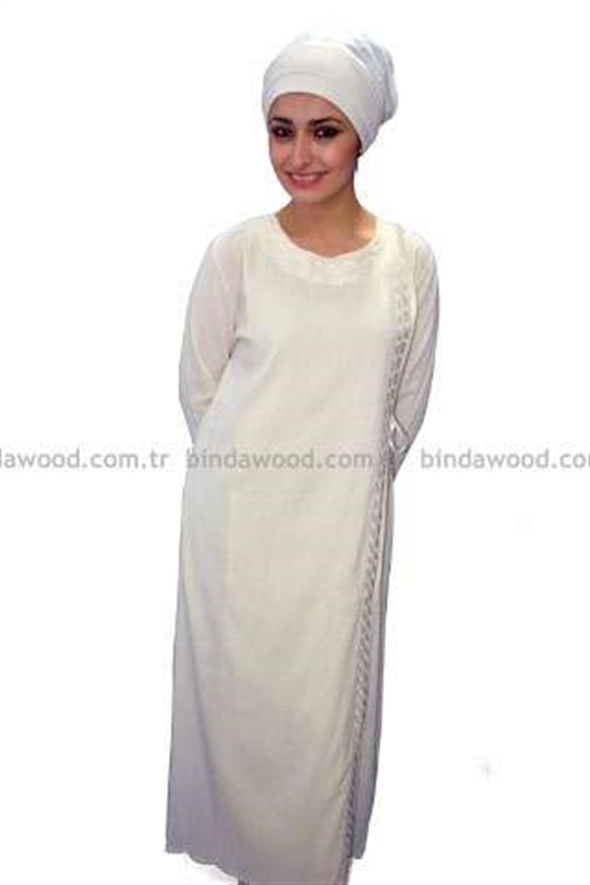 Ferace Nakışlı Pamuklu Yandan Bağlı Krem Tesettür Giyim