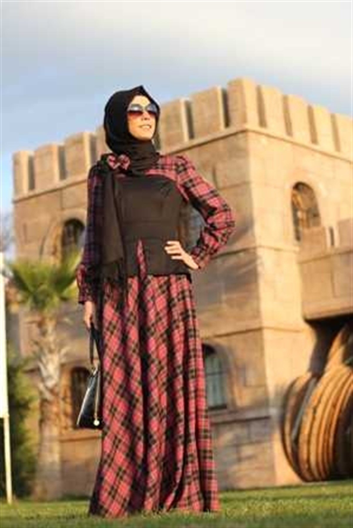 Fuşya Elbise Şal 2 li Deri Ekoseli Elbise ve Şalı