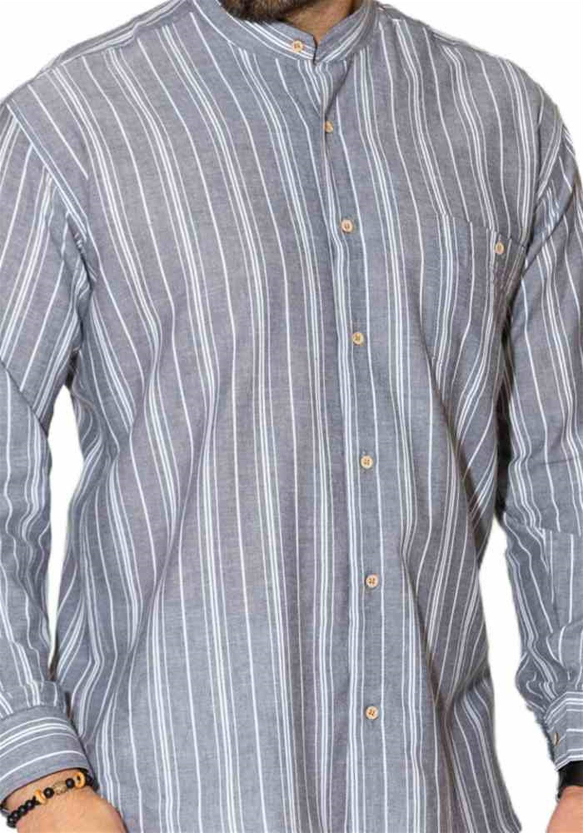 Hakim Yaka Gömlek Uzun Kollu Gri Çizgili