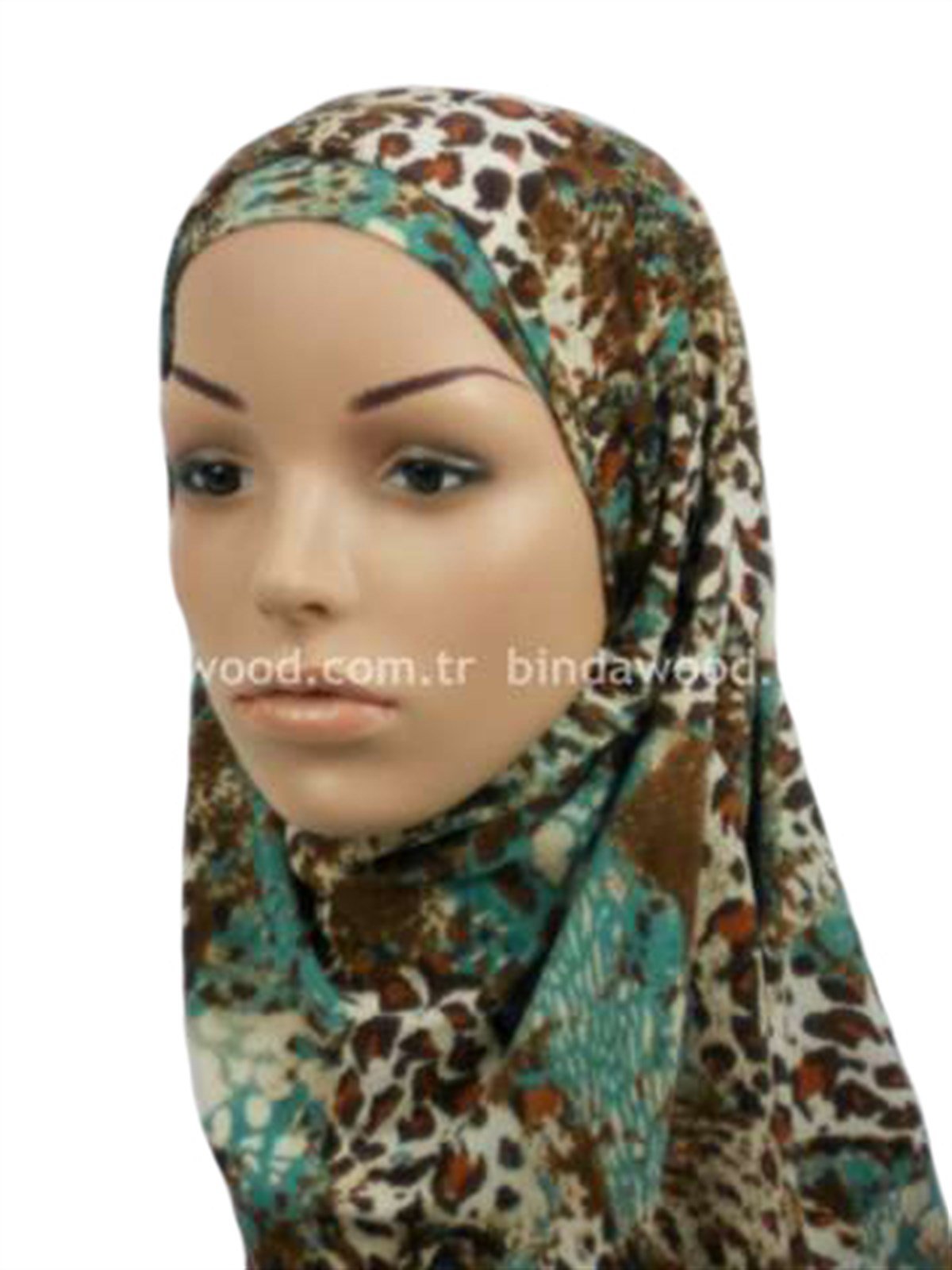 Kahve Yeşil Desenli Pratik Eşarp