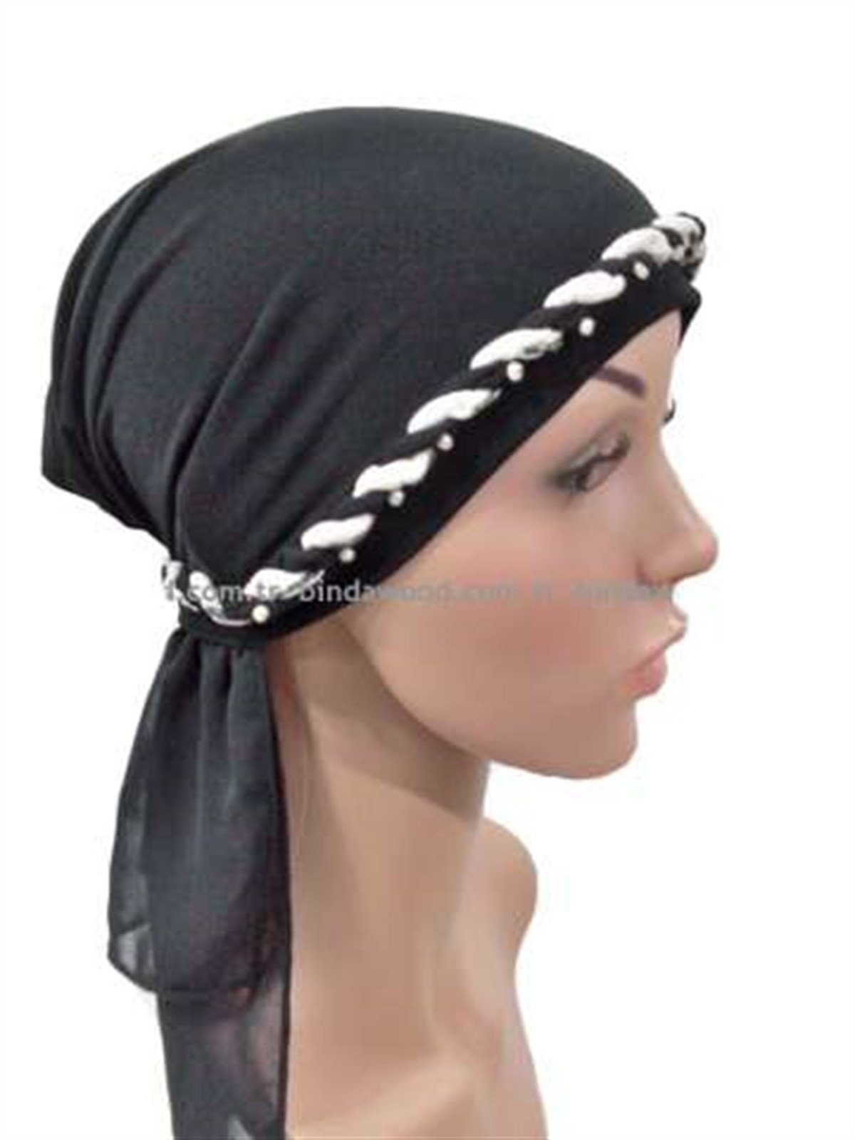 Kenarı Örgülü Siyah Hazır Türban