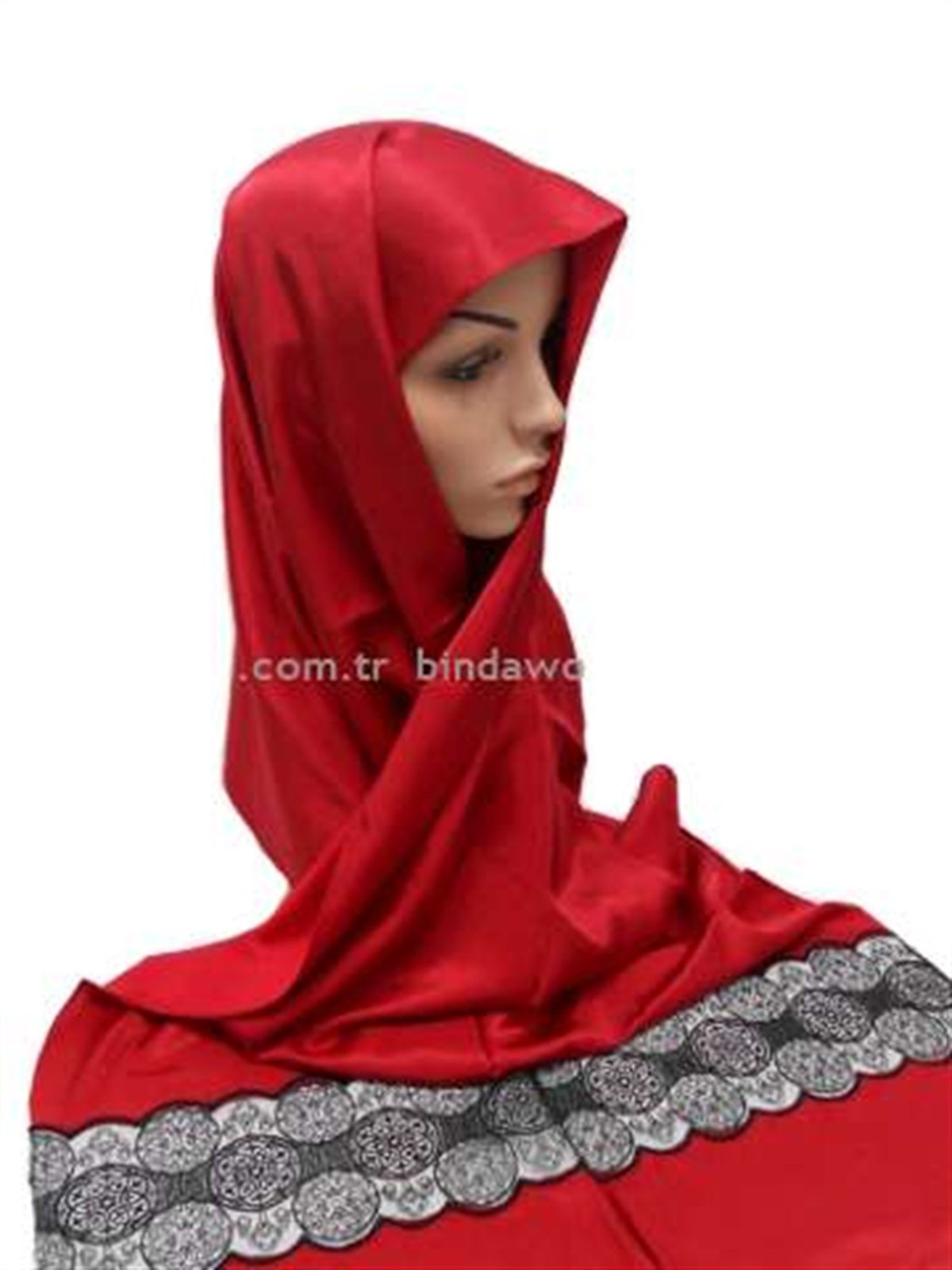 Kırmızı Dantelli Abiye Tesettür Şal
