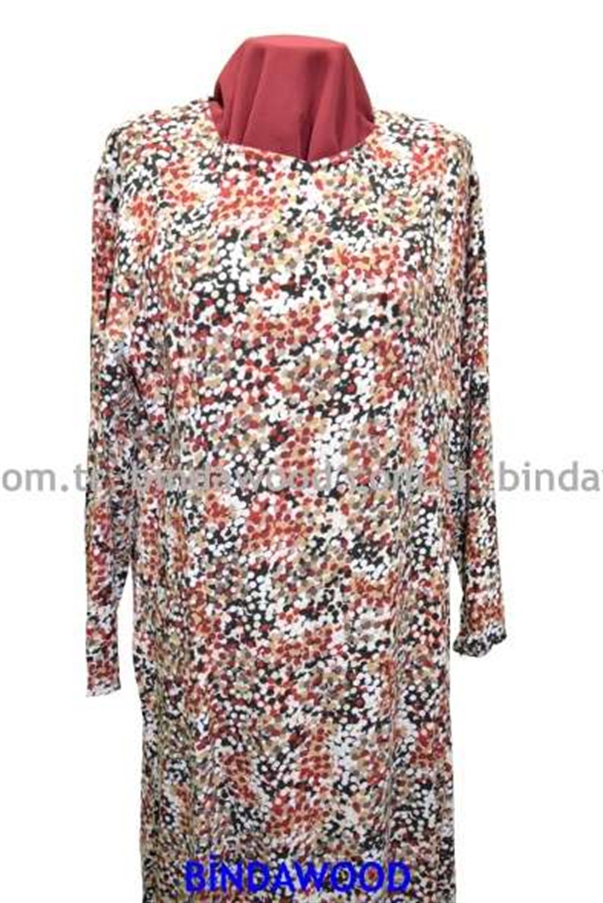 Kırmızı Siyah Krem Desenli Pamuklu Anne Elbise
