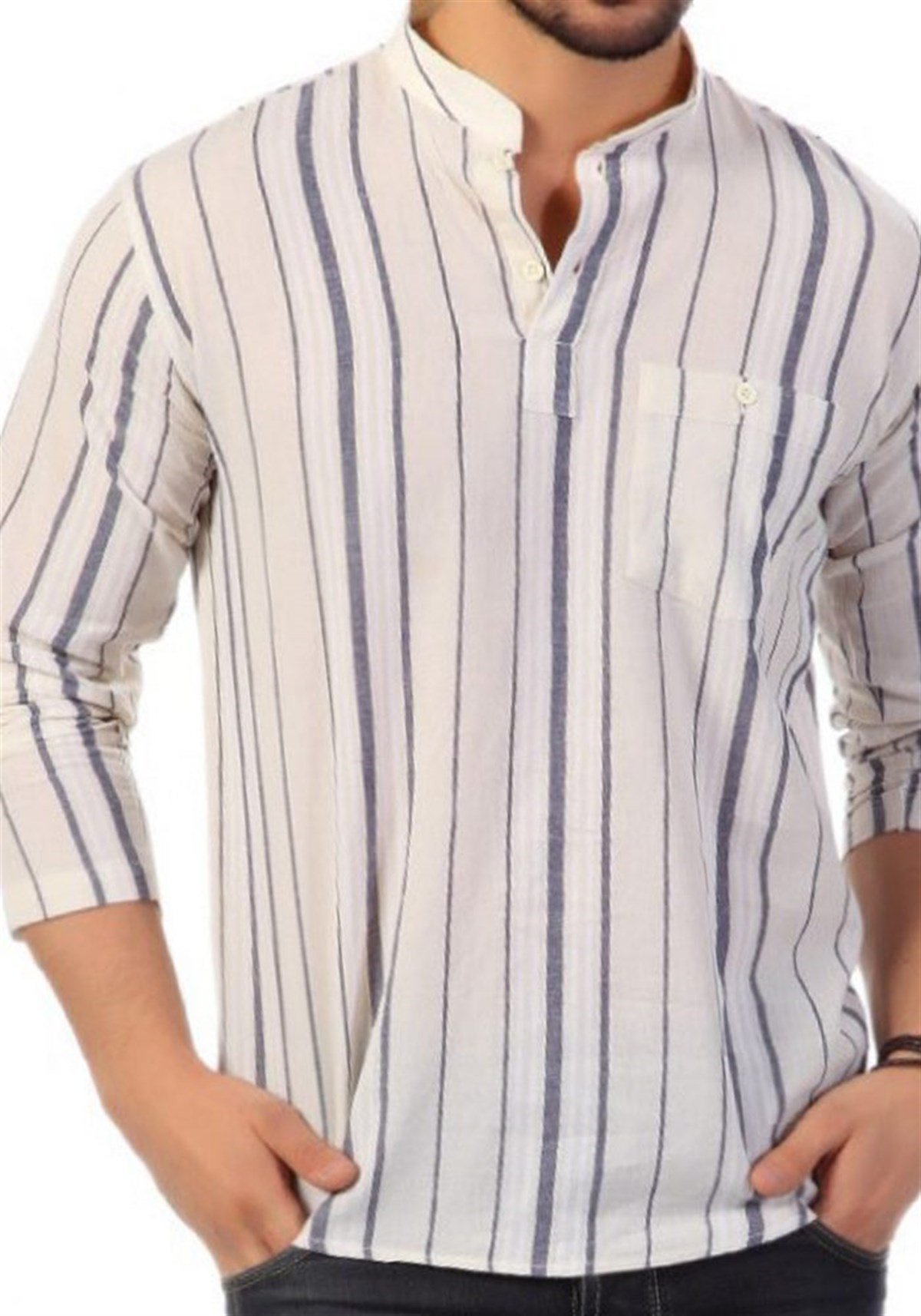 Krem Gri Çizgili Hakim Yaka Uzun Kol Tshirt