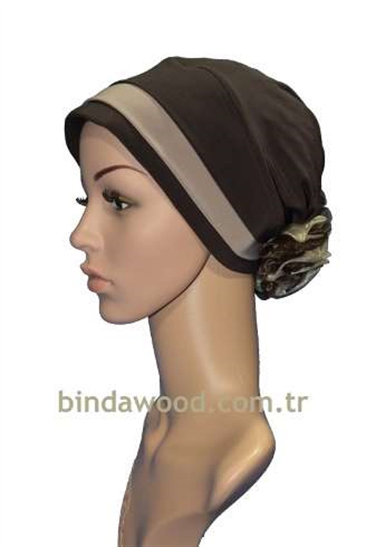 Krem Rengi Bantlı Güllü Kahverengi Abiye Türban Bone