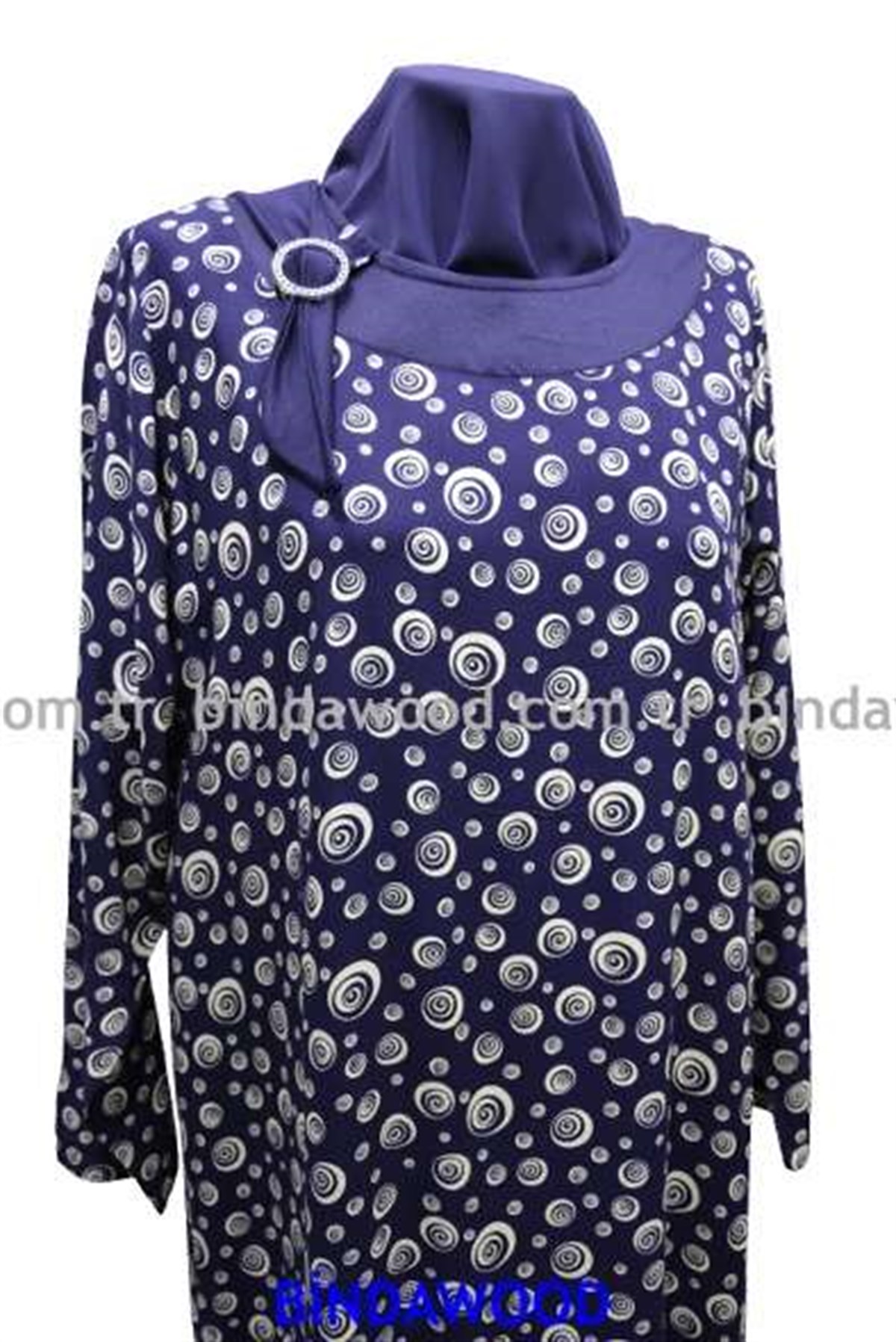 Lacivert Beyaz Desenli Yuvarlak Yaka Pamuklu Anne Elbise