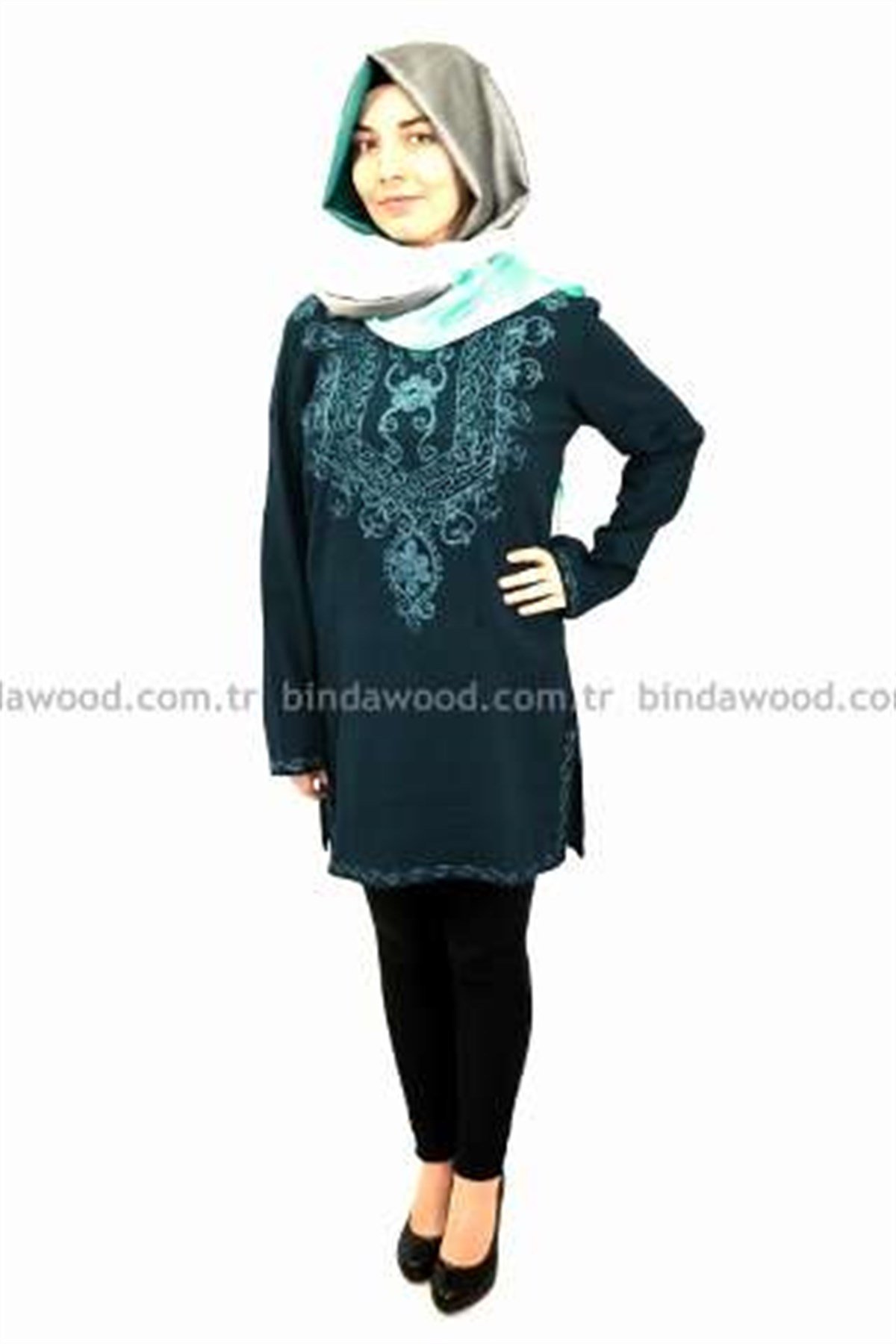 Lacivert Beyaz Nakışlı Tunik