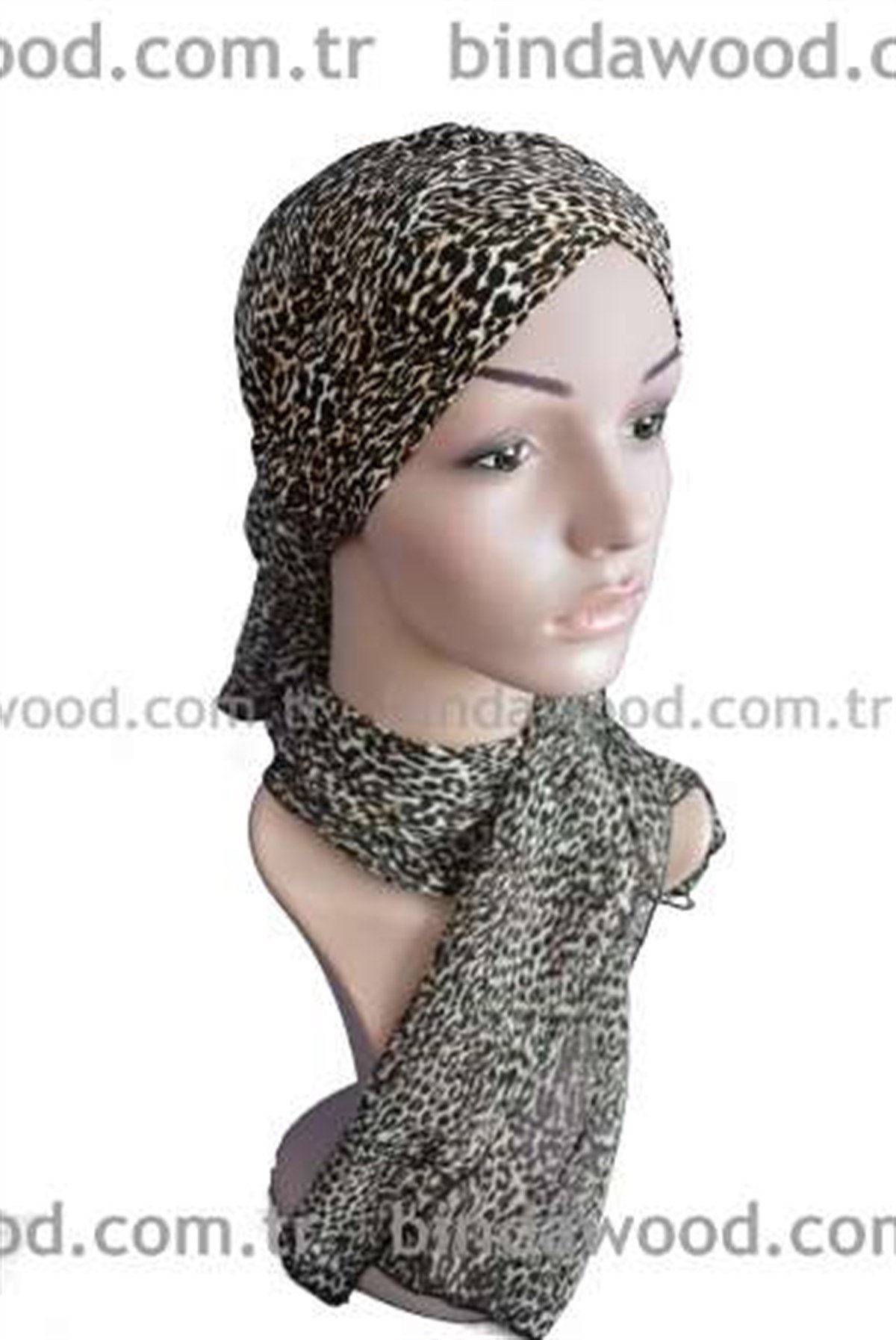 Leopar Mini Desenli Fularlı Hazır Türban