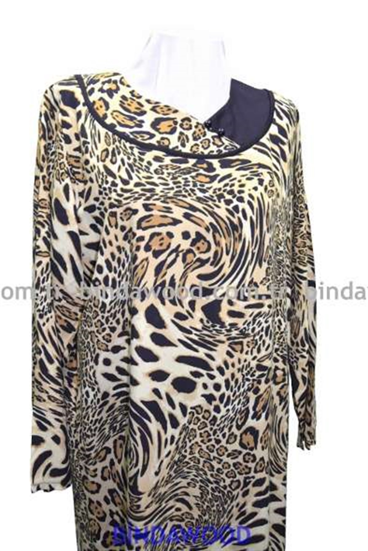 Leopar Siyah  Desenli Yuvarlak Yaka Pamuklu Anne Elbise BR-546