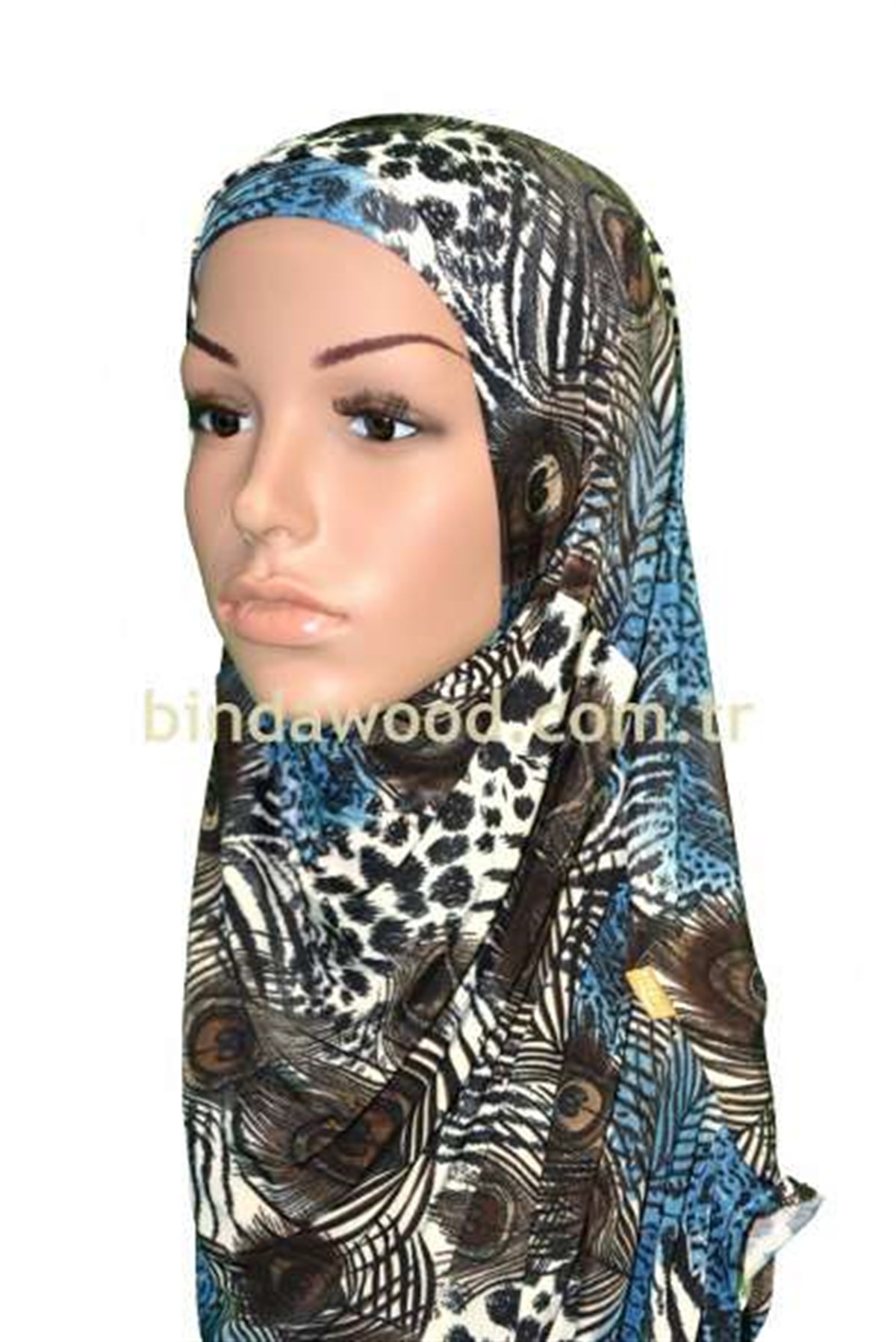 Mavi Gri Kahve Desenli Türban Pratik Eşarp