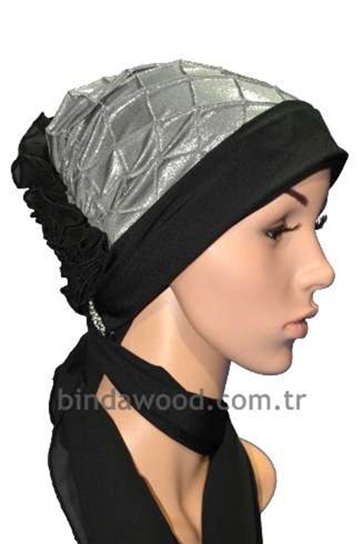 Metal Rengi Tül İşlemeli Fantezi Abiye Türban