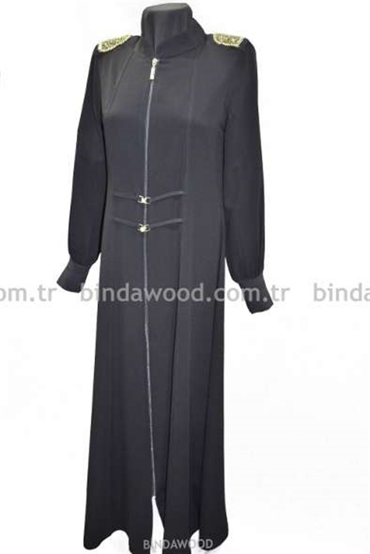 Omuzları Taşlı Siyah Krep Fermuarlı Tesettür Ferace