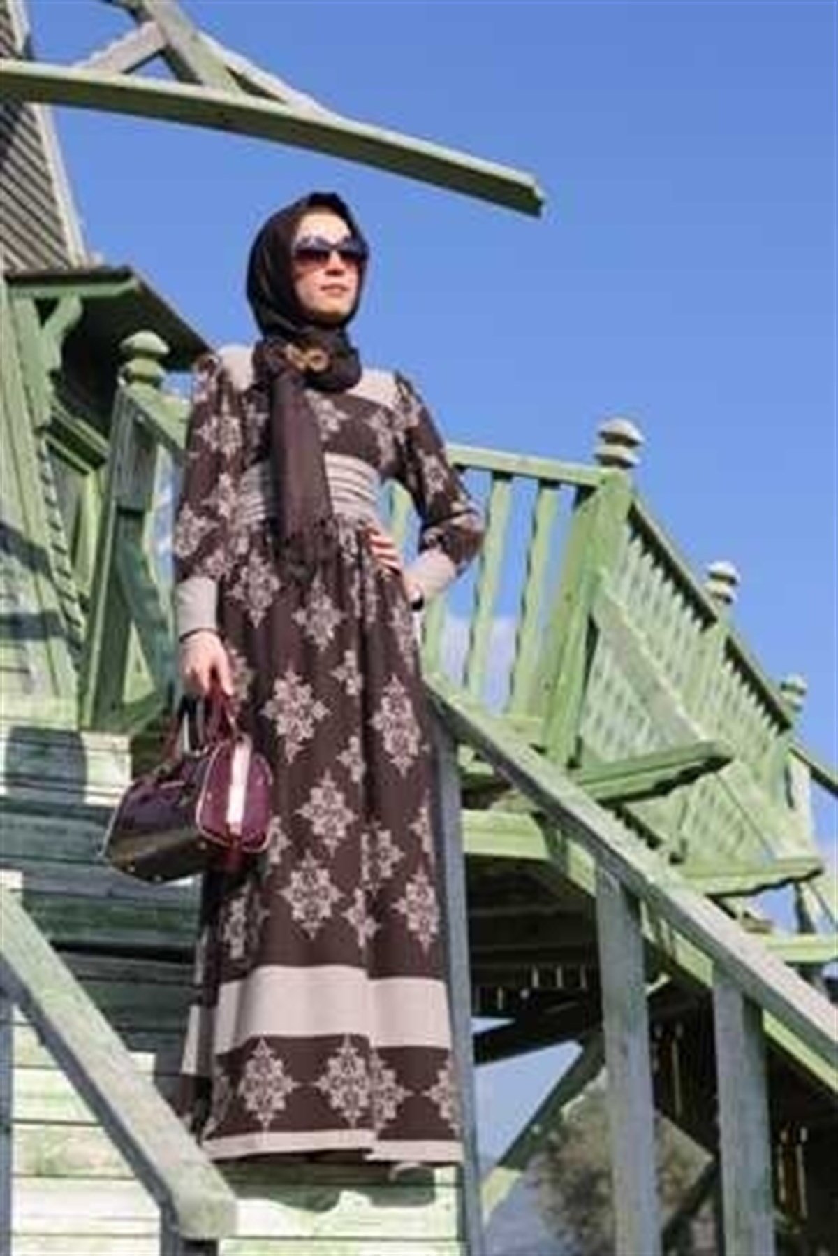 Otantik Desen Kahverengi  Elbise Şal