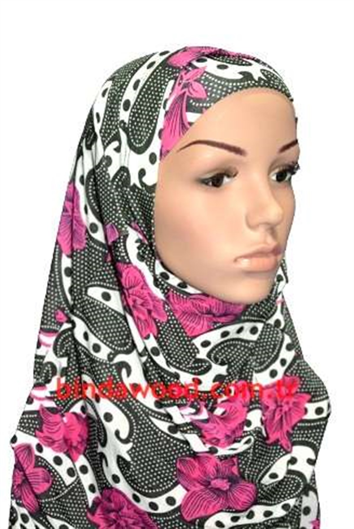 Pembe Siyah Beyaz Desenli Pratik Eşarp